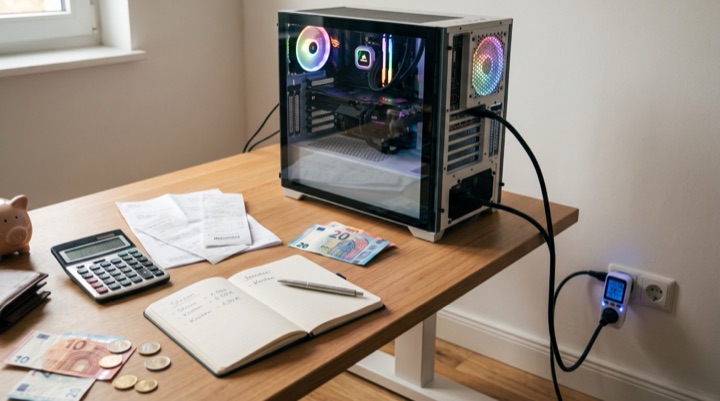 Gaming-PC mit Glasseitenteil auf einem Schreibtisch, daneben Taschenrechner, Geldscheine und ein Notizbuch mit Stromkosten. Das Netzkabel des PCs führt zu einem Energiekosten-Messgerät in der Steckdose.