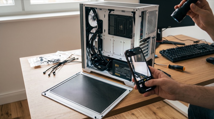 Geöffneter PC auf einem Schreibtisch, die Seitenwand liegt daneben. Eine Hand fotografiert mit dem Smartphone das Typenschild des Netzteils, eine zweite leuchtet mit einer Taschenlampe in das Gehäuse.